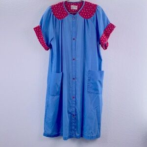 Vintage Katz House Coat Dress Granny Robe Blue W/ Red Floral Quilted Accent 70s
